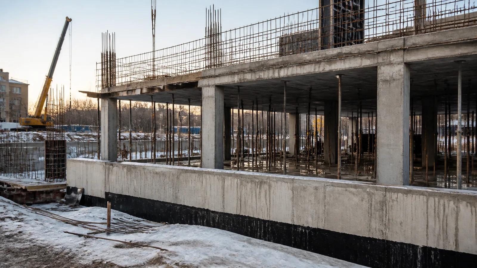 Бетонная конструкция на стройплощадке в холодную погоду